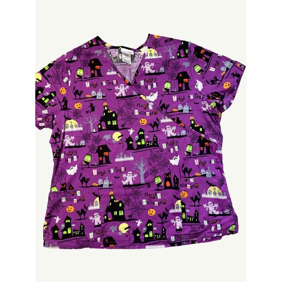 Halloween ScrubStar Scrub Top - Spooky Purple Print XL - Picture 3 of 10